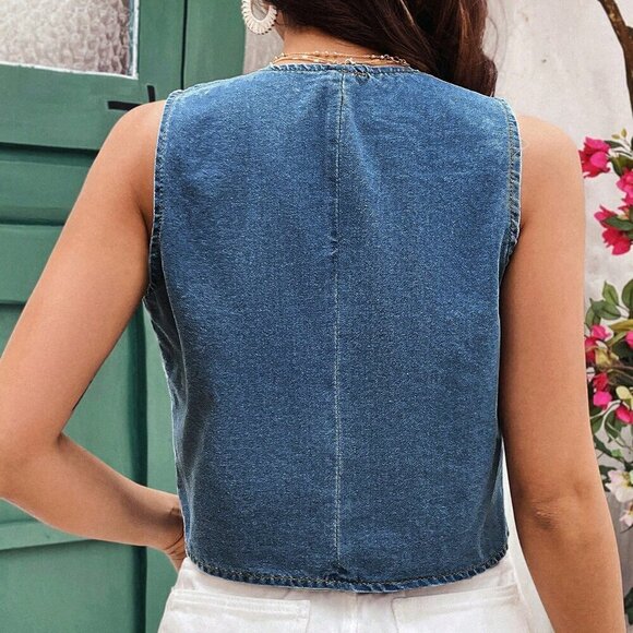 Medium Wash Casual Women's Short Fitted Denim Vest With Pockets - Picture 5 of 5